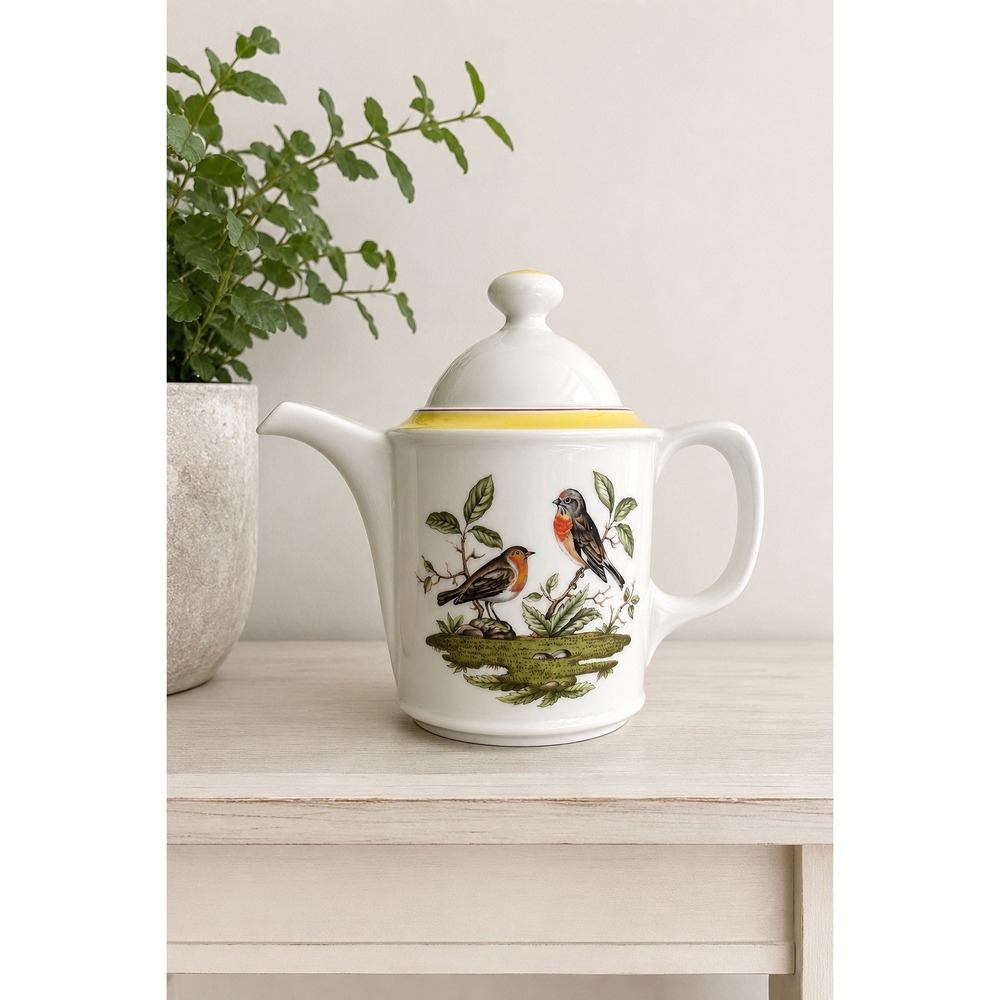 Royal Tettau Woodsong Germany Bird Coffee Pot Yellow Band Fine Porcelain Vintage